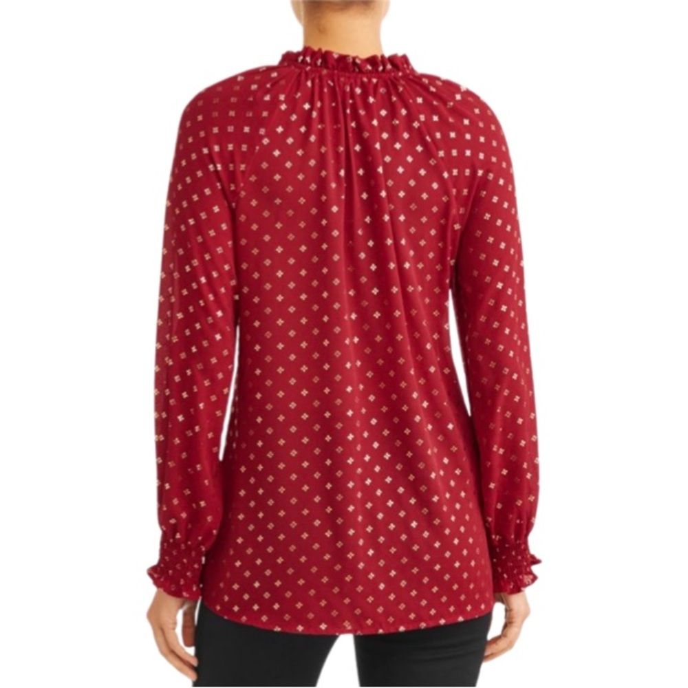 NWT Red Foil Ruffle Relaxed Fit Smocked Peasant Edwardian Holiday Blouse Sz Med - Picture 4 of 14